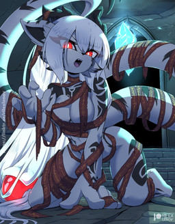 anthro bandage big_breasts breasts eye_through_hair fangs female fur gem hair horn kneeling open_mouth red_eyes solo tail tattoo teeth text translucent translucent_hair white_body white_fur white_hair rilex_lenov mammal artist_name hi_res