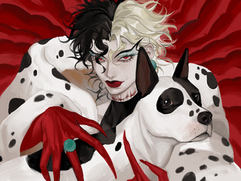 black_body black_fur black_hair black_markings blonde_hair clothed clothed_human clothed_male clothing decapitation_scar duo ear_piercing ear_ring eyebrows eyelashes eyeshadow feral fingernails fur fur_coat gloves hair handwear long_fingernails looking_at_viewer makeup male markings multicolored_hair nails neck_scar piercing red_eyes ring ring_piercing spots spotted_markings two_tone_hair white_body white_fur ashva 101_dalmatians disney jojo's_bizarre_adventure phantom_blood cruella_de_vil danny_(jjba) dio_brando canid canine canis domestic_dog human mammal 4:3 digital_media_(artwork) digital_painting_(artwork) hi_res painting_(artwork)