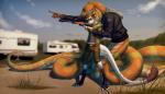 anthro apode clothed clothing duo eyewear gun legless male outside ranged_weapon rifle serpentine sniper_rifle standing weapon maocrowhard kalisster_ssin suane_(suane_lightfurr) draconcopode mammal naga python reptile scalie silvex snake absurd_res hi_res