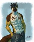 abs anthro beard biceps black_hair black_nose body_hair bottomwear brown_body brown_eyes brown_fur chest_hair clothed clothing eyebrows facial_hair fur hair looking_at_viewer male markings multicolored_body multicolored_fur muscular muscular_anthro muscular_male neck_tuft pants simple_background smile solo standing tan_body tan_fur topless tuft white_body white_fur feralise zayne_kingsley canid canine canis domestic_dog german_shepherd herding_dog mammal pastoral_dog 2018