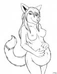 2016 anthro belly black_and_white breasts canid canine female fox hair happy hi_res holding_belly juindalo long_hair looking_at_viewer mammal monochrome nipples nude pregnant serene_silverback simple_background smile solo standing white_background