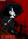 anthro black_hair blood blue_eyes bodily_fluids claws clenched_teeth clothed clothing gun hair holding_object holding_weapon male open_mouth ranged_weapon rifle solo teeth weapon knightmoonlight98 nintendo pokemon scarface_(1983) generation_5_pokemon pokemon_(species) zoroark crossover hi_res