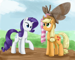 ambiguous_gender blonde_hair blue_eyes clothing cloud cowboy_hat cutie_mark duo female feral fur green_eyes hair hat headgear headwear horn orange_body orange_fur outside purple_hair quadruped scarf sky tail white_body white_fur otakuap friendship_is_magic hasbro my_little_pony mythology applejack_(mlp) fluffy_the_bringer_of_darkness rarity_(mlp) arthropod earth_pony equid equine horse insect lepidopteran mammal moth mythological_creature mythological_equine pony unicorn 2013 hi_res