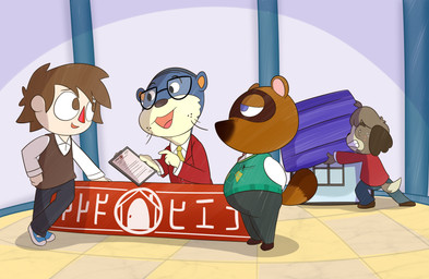 4_fingers anthro baseboard bent_arm black_bottomwear black_clothing black_eyes black_eyewear black_glasses black_nose black_pants blue_clothing blue_eyes blue_footwear blue_shoes bottomwear brown_body brown_clothing brown_footwear brown_fur brown_hair brown_shoes brown_tail brown_topwear brown_vest button_(fastener) clenched_teeth clipboard clothed clothed_anthro clothed_human clothed_male clothing desk eye_contact eyewear fingers floor floppy_ears fluffy_ears footwear freckled_face freckles fully_clothed fully_clothed_anthro fully_clothed_human fully_clothed_male fur furniture glasses green_clothing green_topwear green_vest grey_wall group hair half-closed_eyes hand_on_hip hand_on_own_hip hands_behind_back holding_clipboard holding_object inside looking_at_another lop_ears male mouthless multicolored_body multicolored_fur narrowed_eyes necktie no_eyebrows no_pupils orange_inner_ear overweight overweight_anthro overweight_male pants paper pen_in_pocket pink_freckles pink_mouth pink_tongue pockets red_clothing red_nose red_suit shoes short_hair smile smiling_at_another smiling_at_each_other standing struggling suit table tail tan_body tan_skin teeth thin_eyebrows tile tile_floor tongue topwear triangle_nose two_tone_tail vest wall_(structure) whiskers white_dress_shirt white_eyes yellow_body yellow_fur yellow_necktie cookieboy011 animal_crossing nintendo digby_(animal_crossing) lyle_(animal_crossing) tom_nook_(animal_crossing) villager_(animal_crossing) canid canine canis domestic_dog human mammal mustelid otter raccoon_dog shih_tzu tanuki toy_dog 2020 digital_drawing_(artwork) digital_media_(artwork) english_description hi_res story story_in_description