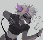 angry anthro blush bodily_fluids breasts clothed clothing duo fur hair male nipples simple_background smile solo tail xyn_(darkplayers) darkplayers bat canid canine fox hybrid mammal absurd_res digital_media_(artwork) hi_res