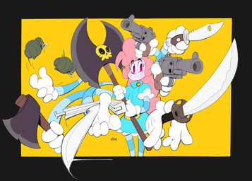 axe battle_axe big_butt butt butterfly_knife clothed clothing crossgender double_bitted_axe explosives female grenade gun handgun hatchet huge_butt knife looking_at_viewer looking_back melee_weapon mtf_crossgender not_furry ranged_weapon revolver smile solo sword weapon third-party_edit vimhomeless mrs.mayhem humanoid 2016 color_edit colored