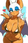 anthro big_breasts bikini blowing_kiss blue_eyeshadow breasts clothing eyelashes eyeshadow female glistening glistening_bikini glistening_body glistening_breasts glistening_clothing glistening_swimwear gold_bikini hair heart_symbol makeup membrane_(anatomy) membranous_wings navel solo swimwear tan_body two-piece_swimsuit white_hair wide_hips wings fruitcrunchi golden_week sega sonic_the_hedgehog_(series) rouge_the_bat bat mammal 2025 hi_res