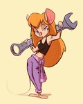 anthro breasts clothing feet female fur hair long_hair looking_at_viewer midriff narrowed_eyes orange_hair overalls shirt solo stained_clothing standing tan_body tan_fur tank_top tools topwear wrench fluttershythekind chip_'n_dale_rescue_rangers disney gadget_hackwrench mammal mouse murid murine rodent 2024 hi_res