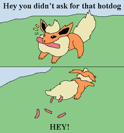 ambiguous_gender black_eyes black_nose dialogue feral food grass hot_dog plant simple_background solo richard_roe nintendo pokemon eeveelution flareon generation_1_pokemon pokemon_(species) low_res