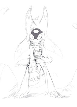 angry anthro bottomless claws clothed clothing cuffs_(clothing) face_in_shadow finger_claws jacket jacket_only multi_eye segmented_tail toe_claws topwear topwear_only wide_eyed toxicko sega sonic_the_hedgehog_(series) evangeline_fate alien black_arms_(sonic) hi_res monochrome