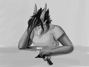 4_horns 5_fingers anthro bodily_fluids breasts clenched_teeth clothed clothing crying eyes_closed female fingers front_view furniture hair hand_in_hair holding_object horn medium_breasts multi_horn non-mammal_breasts open_mouth pain ridged_horn sad shirt simple_background sitting snout solo t-shirt table tears teeth topwear touching_hair wavy_horn jadedragoness european_mythology mythology itasa_(jadedragoness) dragon mythological_creature mythological_scalie scalie western_dragon wingless_dragon 2017 digital_media_(artwork) digital_painting_(artwork) greyscale monochrome painting_(artwork) sketch