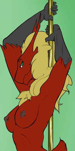 accessory anthro breasts claws dancing female garter genitals green_background green_eyes leg_garter looking_at_viewer nipples non-mammal_breasts non-mammal_nipples nude pokemorph pole pole_dancing pose pubes raised_arm simple_background solo vulva artblush nintendo pokemon avian bird blaziken generation_3_pokemon pokemon_(species) 2015 hi_res long_image pinup tall_image