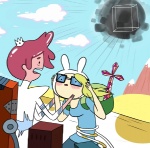 4d backpack black_hole blonde_hair bubble bubblegum_hair cloud crown cube_(object) duo eyewear fake_ears fake_rabbit_ears female food food_hair glasses hair headgear male melee_weapon mountain nerd not_furry outside pseudo_hair simple_background sky style_emulation sword weapon what_has_science_done what_have_you_done dbrianna adventure_time cartoon_network cake_the_cat fionna_the_human prince_gumball candy_people_(at) food_creature human humanoid living_gum mammal