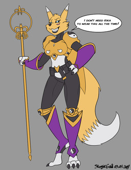 anthro armor clothing costume female solo staff suit stogiegoatarts bandai_namco digimon canid digimon_(species) mammal renamon sakuyamon