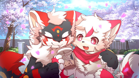 :3 anthro beverage big_eyes black_body black_fur bubble_tea cherry_blossom duo eyes_closed flower fur kemono male open_mouth pink_eyes plant prunus_(flower) red_body red_fur red_scarf scarf slim_anthro slim_male white_body white_fur hlg7777 canid canine felid fox mammal pantherine tiger 2021