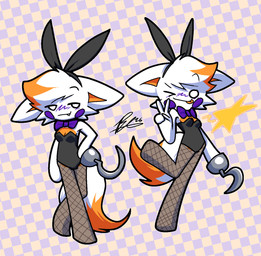 anthro bow_tie checkered checkered_background clothing countershading empty_eyes female fishnet_clothing fur gesture hair hand_gesture highlights_(coloring) hook hook_hand leotard one_eye_closed one_fang one_leg_up orange_body orange_countershading orange_highlights pattern_background pose raised_leg simple_background solo standing star_(shape) tongue tongue_out v_sign white_body white_fur white_hair lemondiamond42 five_nights_at_freddy's five_nights_at_freddy's_world five_nights_at_frickbear's_(series) five_nights_at_frickbear's_3 scottgames lolbit_(fnaf) lolbit_(frickbear's) canid canine fox mammal 2026 digital_media_(artwork) full-length_portrait portrait signature nonbinary_(lore)