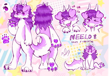 anthro ears_down female female/female fluffy fluffy_tail fur hair horn komeco_o neelo_(lyonelyu) pawpads paws pink_body pink_fur pivoted_ears purple_eyes purple_hair purple_pawpads silly silly_face solo standing tail tongue tongue_out white_body white_fur mythology canid canine dragon hybrid mammal mythological_creature mythological_scalie scalie hi_res model_sheet multiple_scenes