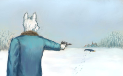 aiming aiming_at_another aiming_gun aiming_weapon anthro city city_background clothing coat duo ears_up footprint fur gun male outside plant ranged_weapon sky snow topwear tree weapon white_body white_fur reynard_goodfellow canid canine canis mammal wolf