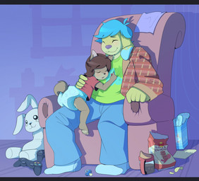 age_difference anthro blue_body blue_fur blue_hair blush brown_body brown_fur brown_hair chair clean_diaper clothed clothing controller diaper diaper_package duo exposed_diaper eyes_closed female folded_diaper food fully_clothed fur furniture game_controller hair male multicolored_body multicolored_fur pacifier pantsless pawpads plushie sleeping smile two_tone_body two_tone_fur wearing_diaper yellow_body yellow_fur young young_anthro bubblepuppers bubblegum_(bubblepuppers) wob_(character) canid canine canis coyote domestic_dog mammal letterbox