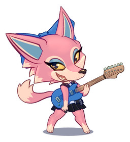 anthro bottomwear clothing electric_guitar eyeshadow female fluffy fluffy_tail fur guitar jacket leather leather_clothing leather_jacket leather_topwear makeup miniskirt musical_instrument pink_body pink_fur plucked_string_instrument shortstack skirt solo string_instrument tail toony topknot topwear turkojar animal_crossing nintendo freya_(animal_crossing) canid canine canis mammal wolf
