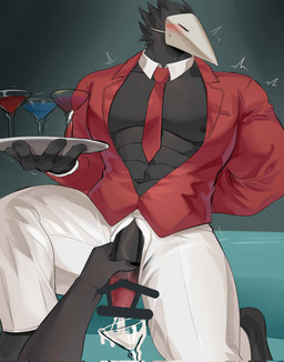 abs alcohol beverage black_body black_feathers blush bodily_fluids bottomwear censor_bar clothed clothing cocktail_glass container cum cum_in_a_cup cum_in_container cup disembodied_hand drinking_glass duo feathers genital_fluids genitals glass glass_container glass_cup handjob ineffective_censorship male mask muscular muscular_male necktie nipples open_bottomwear open_clothing open_pants open_topwear pants pecs penile penis serving_tray sex topwear tray chung0_0 deltarune undertale_(series) avian darkner swatchling censored hi_res