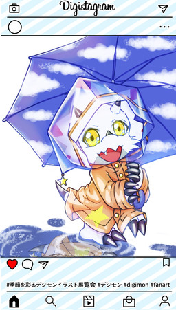 anthro chibi claws clothing coat cute_fangs fangs horn looking_at_viewer male puddle raincoat raining smile solo teeth topwear umbrella yellow_eyes vfcou bandai_namco digimon digimon_ghost_game digimon_(species) gammamon hi_res