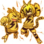 1:1 ambiguous_gender antennae_(anatomy) black_body black_fur blonde_hair bottomwear brown_eyes cel_shading clothed clothing cosplay duo electabuzz front_view fully_clothed fur generation_1_pokemon hair hitec hoodie human male mammal nintendo nude outline pokemon pokemon_(species) shaded shorts simple_background stripes tail tan_body tan_skin topwear white_background yellow_body yellow_fur
