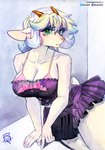 anthro big_breasts bra breasts cleavage clothed clothing dress eyelashes female fingers fur looking_at_viewer purple_clothing purple_dress solo thick_thighs underwear white_body white_fur murazaki bovid caprine goat mammal absurd_res hi_res