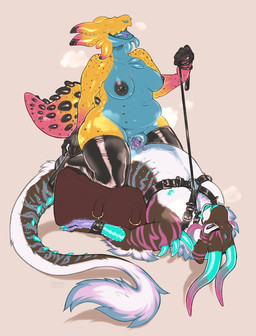 anthro barbell_piercing bdsm belly big_belly big_breasts black_nipples blue_body blue_horn bondage bound breasts brown_body brown_fur circular_barbell_piercing clothing duo erection eyeless facial_piercing female female_anthro forked_tongue fur genitals harness horn latex latex_clothing latex_legwear leash leash_pull legwear lying male male_anthro mostly_nude musk narrowed_eyes nipple_barbell nipple_piercing nipples nose_piercing nude on_back open_mouth overweight overweight_anthro overweight_female penis piercing pink_body purple_penis red_eyes septum_circular_barbell septum_piercing simple_background spiked_tail spikes spikes_(anatomy) submissive submissive_male tail tentacle_clitoris tongue tongue_piercing tongue_stud white_body white_fur yellow_body seraphictiger hazard_(latexslug) terror_(fabtool) felid gastropod mammal mollusk slug hi_res nonbinary_(lore)