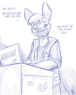 anthro clothed clothing computer dialogue electronics eyewear fur glasses greeting hair laptop looking_at_viewer male solo text topwear vest flinters brooklynx kangaroo macropod mammal marsupial 2022 4:5 blue_and_white english_text hi_res monochrome