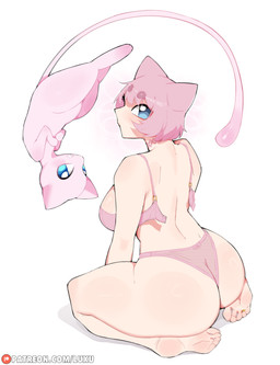 ambiguous_feral ambiguous_gender animal_ears big_breasts big_butt biped blue_eyes blush breasts butt clothed clothed_female clothed_humanoid clothing duo feet female female_humanoid feral fur hair humanoid_feet looking_at_viewer looking_back looking_back_at_viewer nude_ambiguous pink_body pink_clothing pink_fur pink_hair pink_underwear plantigrade text underwear luxurias nintendo pokemon nessie_(luxurias) animal_humanoid generation_1_pokemon human humanoid legendary_pokemon mammal mew_(pokemon) pokemon_(species) absurd_res hi_res url