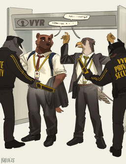 anthro athletic athletic_male beak clothing group male metal_detector office_clothing office_worker overweight overweight_male security security_guard security_uniform suit suit_and_tie kafka_(artist) ciro_(kafka) nash_(kafka) avian bird canid canine canis dobermann domestic_dog falcon falconid gulonine mammal mustelid musteline pinscher wolverine hi_res