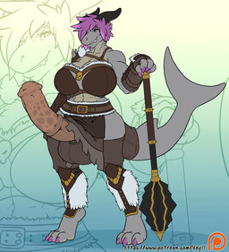 animal_genitalia animal_penis anthro armor balls big_breasts big_penis biped breasts claws clothed clothing equine_genitalia equine_penis erection genitals gynomorph hair huge_penis intersex mace medial_ring melee_weapon non-mammal_breasts patreon_logo penis short_hair solo text toe_claws weapon website_logo zoom_layer veyll patreon vishka aquatic demon fish shark 2018 digital_media_(artwork) url