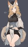 blonde_hair blue_eyes breasts clothing female fluffy fluffy_tail fur grey_background hair hand_on_hip headgear inner_ear_fluff simple_background smile solo tail tuft white_body white_fur mikojin arknights hypergryph studio_montagne whislash_(arknights) animal_humanoid equid equid_humanoid equine equine_humanoid humanoid mammal mammal_humanoid 2021 hi_res portrait three-quarter_portrait