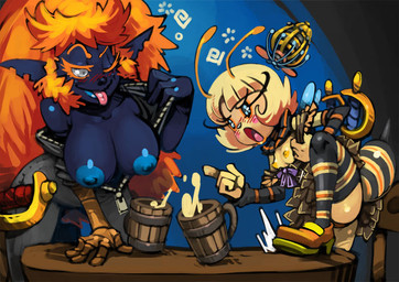 alcohol areola beverage big_breasts blush breast_size_difference breasts comparing comparing_breasts drunk duo erect_nipples female flashing food huge_breasts nipples small_breasts substance_intoxication bittenhard dareti_katain lolibee_heart animal_humanoid arthropod arthropod_humanoid bee_humanoid drow elf humanoid hymenopteran hymenopteran_humanoid insect insect_humanoid