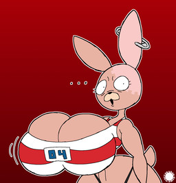 anthro bar_emanata big_breasts breast_jiggle breasts clothing crop_top curvy_figure ellipsis emanata eyelashes female fur gradient_background hourglass_figure huge_breasts jiggling logo looking_at_viewer navel pink_body pink_fur safety_pin safety_pin_in_ear shirt simple_background solo spherical_breasts text thong_straps topwear wide_hips thatdawgmurray usavich kirenenko lagomorph leporid mammal rabbit aliasing artist_logo artist_name digital_media_(artwork) hi_res signature