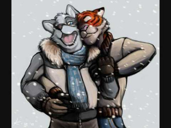 anthro clothing duo happy hug jacket male open_mouth outside scarf snow snowing topwear winter unknown_artist canid canine felid mammal 4:3 low_res source_request