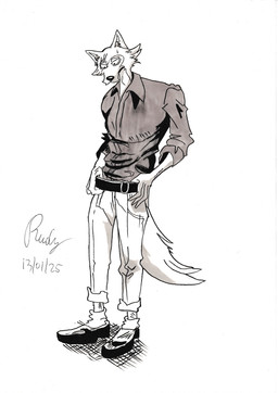 5_fingers anthro belt biped black_nose bodily_fluids bottomwear cheek_tuft clothed clothed_anthro clothed_male clothing dark_shirt denim denim_bottomwear denim_clothing eye_scar facial_scar facial_tuft fingers footwear fully_clothed fully_clothed_anthro fully_clothed_male half-closed_eyes jeans looking_down looking_down_at_self male narrowed_eyes pants scar shadow shoes solo standing sweat sweatdrop tuft rudy_quorido beastars legoshi_(beastars) canid canine canis mammal wolf 2025 absurd_res dated digital_drawing_(artwork) digital_media_(artwork) greyscale hi_res line_art monochrome shaded signature sketch