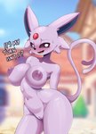 absurd_res anthro anthrofied ashraely big_breasts blush bodily_fluids breasts curvy_figure dialogue digital_media_(artwork) eeveelution english_text espeon female forehead_gem fur gem generation_2_pokemon genitals glistening glistening_body hi_res huge_breasts innie_pussy looking_at_viewer mammal navel nintendo nipples nude open_mouth outdoor_nudity outside pokemon pokemon_(species) pokemorph purple_body purple_fur pussy simple_background smile solo sweat talking_to_viewer text thick_thighs voluptuous wide_hips
