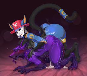 abdominal_bulge anthro big_butt bodily_fluids bone bone_mask breasts butt claws cleavage clothed clothing collar cum cum_inside duo finger_claws from_behind_position genital_fluids gynomorph gynomorph/male gynomorph_penetrating gynomorph_penetrating_male hat headgear headwear heart_symbol huge_butt intersex intersex/male intersex_penetrating intersex_penetrating_male latex latex_clothing latex_skinsuit male male_penetrated mask mounting onomatopoeia penetration sex skinsuit skull skull_mask sound_effects steam tail text tight_clothing tongue tongue_out smogville team_fortress_2 valve valve_corporation flopyro lootz pyro_(team_fortress_2) caracal caracal_(genus) felid feline mammal sergal absurd_res hi_res