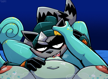 anthro anthro_on_anthro anthro_pov beanie bedroom_eyes big_breasts big_nipples black_body black_fur black_inner_ear black_nose blue_background blush breasts breath clitoris clothing cunnilingus curled_tail female female_pov fingerless_gloves first_person_view fur genitals gloves green_clothing green_gloves green_handwear green_hat green_headwear grey_body grey_fur grey_hair hair half-closed_eyes handwear hat head_between_thighs head_grab headgear headwear interspecies leg_grab long_tail lying male male/female markings mostly_nude narrowed_eyes nipples nude on_back oral red_nipples red_vulva scales seductive sex sharp_teeth simple_background smile smirk spots spotted_body spotted_scales spread_legs spreading striped_body striped_fur striped_markings striped_tail stripes tail tail_markings teal_body teal_scales teeth text text_on_clothing text_on_hat text_on_headwear thick_thighs thigh_grab tongue tongue_out vaginal vulva yellow_spots felino kimmy_(felino) trick_(tricktrashing) chameleon lizard mammal procyonid raccoon reptile scalie hi_res japanese_text