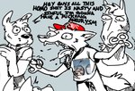 ambiguous_gender anthro black_nose blue_background bottomwear clothing dialogue fur group hat headgear headwear maga_hat male open_mouth pants photo red_clothing red_hat red_headwear shirt simple_background stare t-shirt teeth text tongue topwear white_body white_fur yelling luwuciel make_america_great_again canid canine canis cyprinid cypriniform domestic_dog fish goldfish mammal marine 2024 english_text hi_res meme sketch