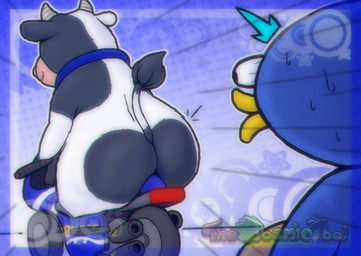 ambiguous_gender anthro beak big_butt black_body black_fur blue_body bodily_fluids butt collar detailed_background dotted_background duo emanata eyes_popping_out fur horn looking_at_another looking_at_another's_butt looking_at_butt markings motorcycle nude pattern_background presenting presenting_hindquarters radial_speed_lines riding_motorcycle simple_background sitting smile speed_lines spots spotted_body spotted_fur star star_polygon surprised sweat sweatdrop tail tail_tuft text tuft vehicle white_body white_fur wide_eyed thecosmicfool mario_bros mario_kart mario_kart_world nintendo moo_moo_meadows_cow avian bird bovid bovine cattle dairy_cattle holstein_friesian_cattle mammal penguin penguin_(mario) 2025 artist_name chromatic_aberration english_text signature female_(lore)