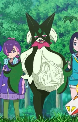 abdominal_bulge after_vore ambiguous_gender ambiguous_prey anthro anthro_pred belly big_belly big_breasts bones_in_stomach breasts cape clothing digestion fangs fatal_vore female female_pred forest grass group hand_on_hip huge_belly huge_breasts leg_tuft looking_down mask open_mouth open_smile outside pink_eyes plant pseudo_clothing screencap smile teeth thigh_tuft tree trio tuft vore razzbian nintendo pokemon dot_(pokemon) liko_(pokemon) generation_9_pokemon human mammal meowscarada pokemon_(species) skeledirge 2026 digital_drawing_(artwork) digital_media_(artwork)