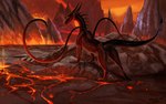 ambiguous_gender anus claws day detailed_background female feral genitals horn lava outside pussy sky solo spines tail conditional_dnp kodardragon mythology dragon mythological_creature mythological_scalie scalie 2021 hi_res