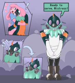 air_puff anthro basic_sequence blue_eyes bottomless brainwashing breath breath_sound clothed clothing collar contextual_arrow dialogue directional_arrow drone duo ellipsis exclamation_point female four_frame_image four_frame_sequence fur gas_mask glistening heart_symbol hug hypnosis latex maid_uniform male mask mind_control open_mouth panting pink_body pink_fur polygonal_speech_bubble sequential_arrow simple_background speech_bubble surprised text transformation transformation_sequence uniform bunnykisses lily_(bunnykisses) morsh avian bird lagomorph leporid mammal rabbit 2019 absurd_res digital_drawing_(artwork) digital_media_(artwork) english_text hi_res sequence