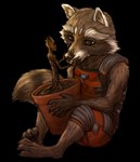 anthro barefoot black_body black_fur brown_body brown_eyes brown_fur claws clothing dirt duo face_holding feet fur jumpsuit male plant plant_pot simple_background transparent_background white_body white_fur peregr1ne guardians_of_the_galaxy marvel groot rocket_raccoon elemental_creature elemental_humanoid flora_fauna humanoid mammal plant_humanoid procyonid raccoon alpha_channel