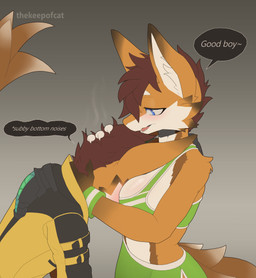 anthro arm_tuft armband armwear big_breasts blue_eyes blush blushing_profusely breasts brown_hair brush brushing brushing_hair cheek_tuft claws clothed clothed_anthro clothing crop_top duo facial_tuft female fur good_boy green_clothing hair hand_on_head hand_on_neck head_between_breasts headpat inner_ear_fluff jacket long_ears looking_at_another looking_at_partner male multicolored_body multicolored_fur one_eye_obstructed open_mouth orange_body orange_fur personal_grooming raised_tail shirt short_hair shoulder_tuft simple_background speech_bubble standing styling_hair tail teeth tongue topwear tuft white_body white_fur thekeepofcat mythology durrvish dragon mythological_creature mythological_scalie novabeast scalie absurd_res hi_res