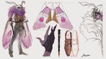 anthro clothed clothing eyewear glasses hair male multi_arm multi_limb pen pupils purple_eyes round_glasses simple_background slit_pupils solo white_background white_hair wings catheadyy arthropod insect lepidopteran moth hi_res model_sheet