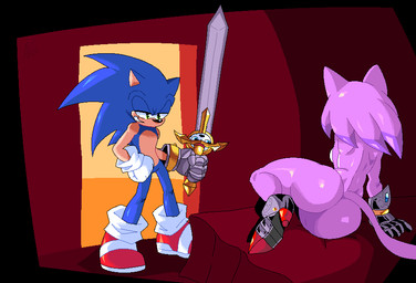 anthro armor aroused big_butt butt duo female imminent_sex male male/female melee_weapon smile sword tail thick_thighs weapon wide_hips chipxdip sega sonic_and_the_black_knight sonic_storybook_series sonic_the_hedgehog_(series) blaze_the_cat caliburn sir_percival_(sonic_and_the_black_knight) sonic_the_hedgehog eulipotyphlan felid feline hedgehog mammal hi_res